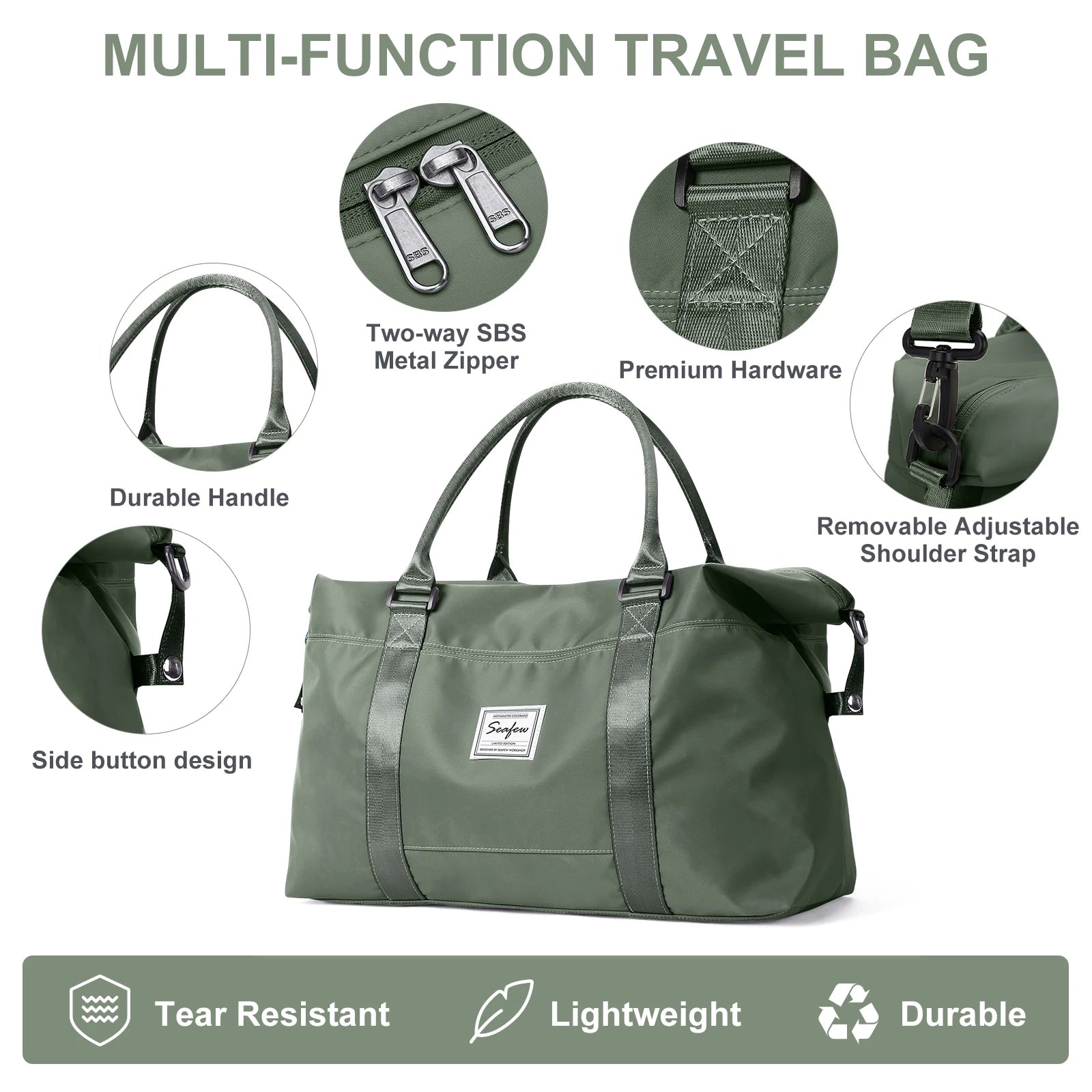 Sac de voyage multifonction vert olive, léger et résistant, avec fermeture éclair métal SBS et bandoulière ajustable