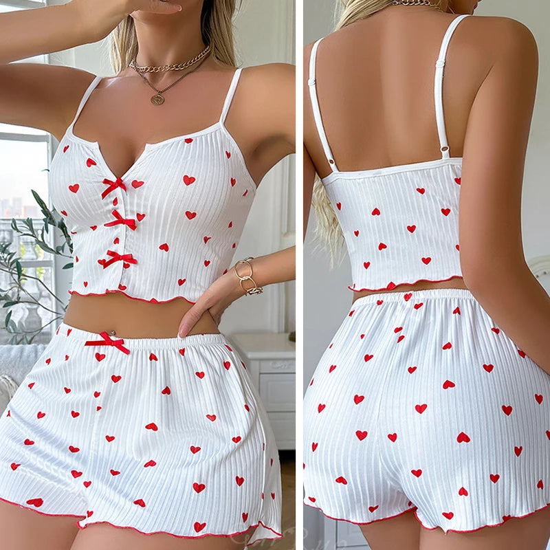 Vêtements de nuit femmes pyjamas ensemble coeur imprimé tissu côtelé doux avec glamour volants garniture décontracté Cami haut et short ensembles vêtements de détente nouveau