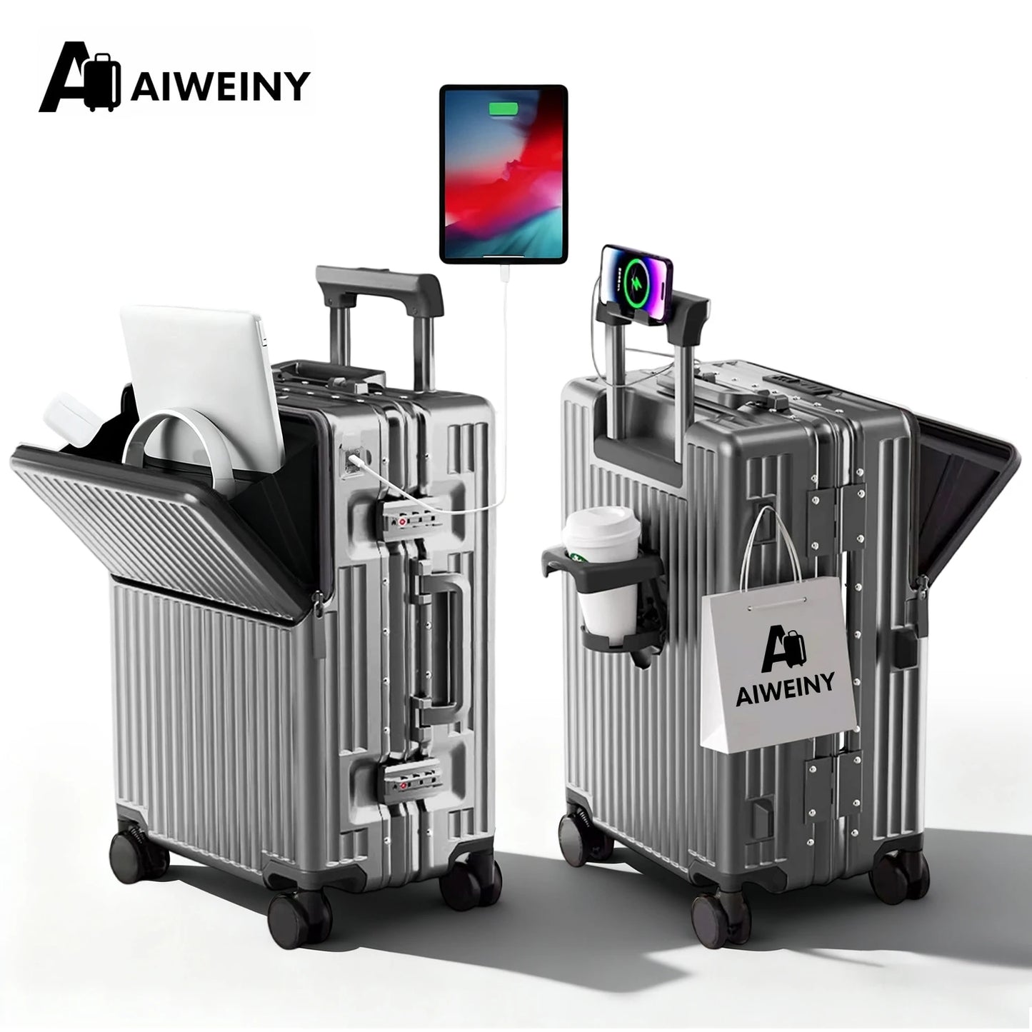 Valise rigide AIWEINY avec cadre en aluminium léger, 360 °   Valise de voyage/sur roulettes silencieuses, avec serrure TSA, avec port USB, 20/24/27 pouces