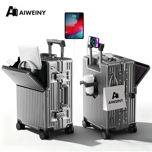 Valise rigide AIWEINY avec cadre en aluminium léger, 360 °   Valise de voyage/sur roulettes silencieuses, avec serrure TSA, avec port USB, 20/24/27 pouces