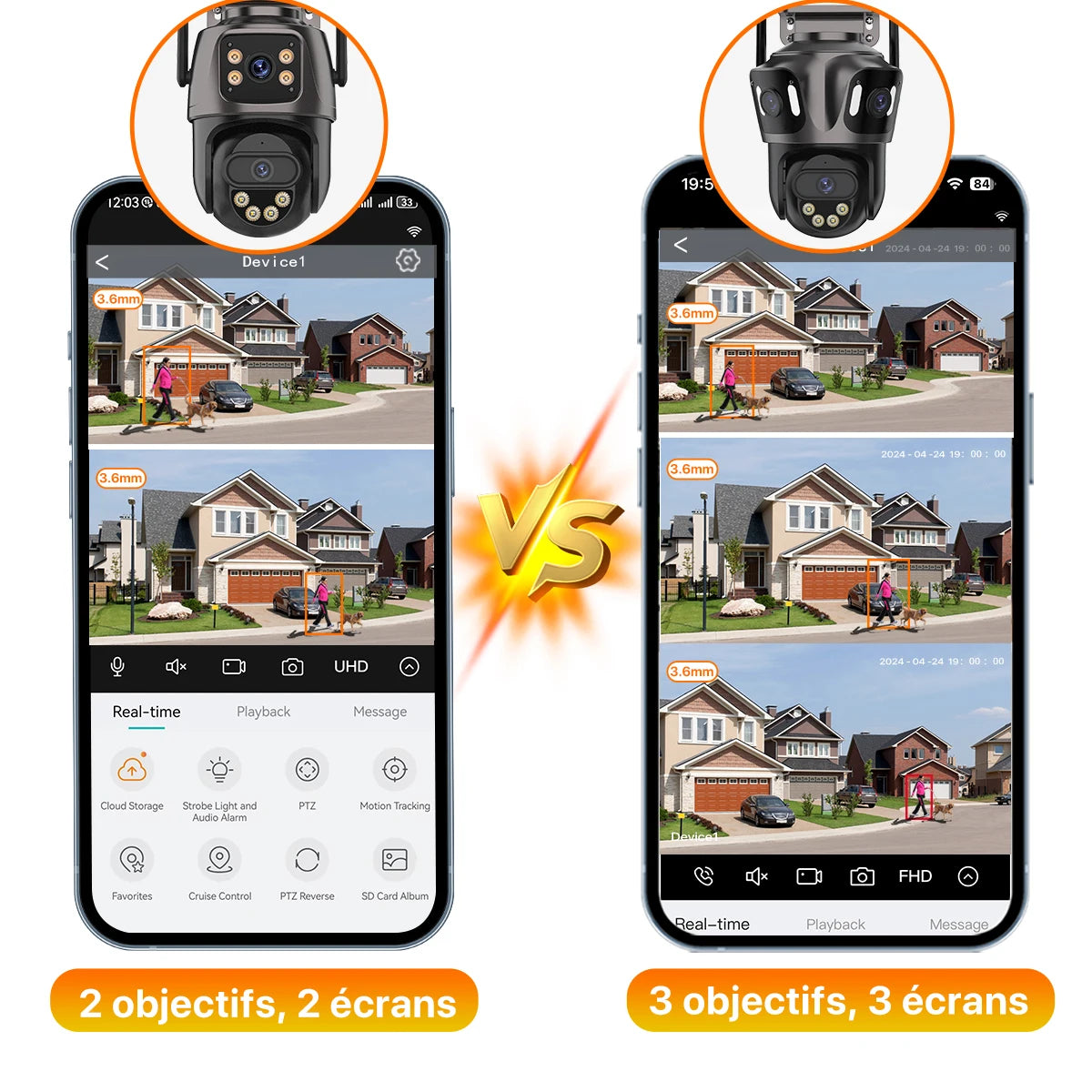 Caméra de surveillance extérieure avec 2 ou 3 objectifs, affichage sur smartphone, détection de mouvement et vision nocturne