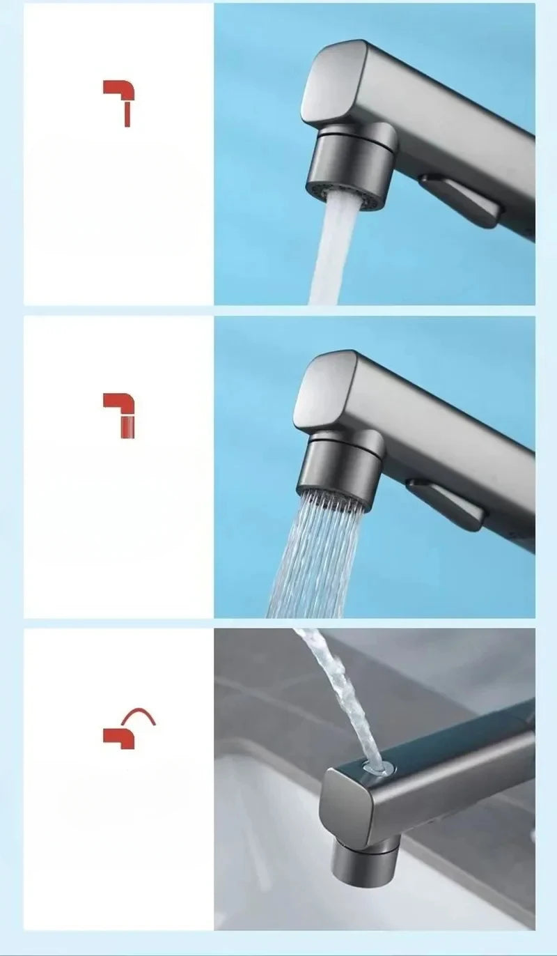 Robinet de lavabo en laiton chaud et froid, pulvérisateur à jet à 3 fonctions, pour salle de bains, poignée unique, double trou, mitigeur d'évier extractible