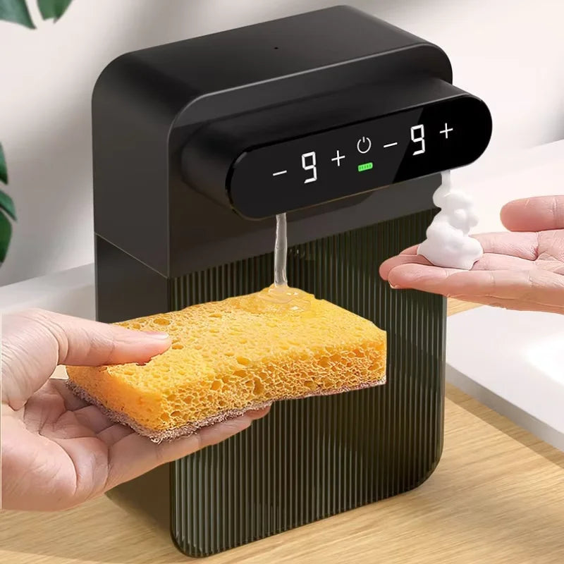 Distributeur automatique de savon mousse noir avec écran numérique, idéal pour cuisine ou salle de bain