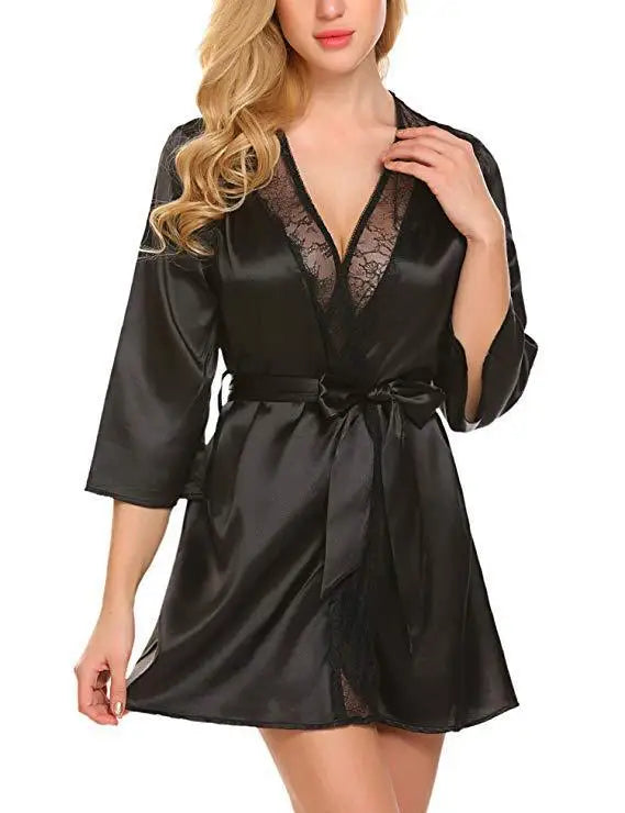 Robe de Nuit Sexy en Satin et Dentelle pour Femme, Chemise Courte, Kimono, Peignoir, Lingerie, Douce, Confortable, Noire, Grande Taille