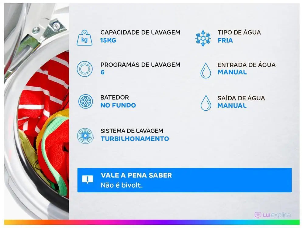 Lave-linge 15 kg avec 6 programmes, système turbillon, eau froide, entrée/sortie manuelle