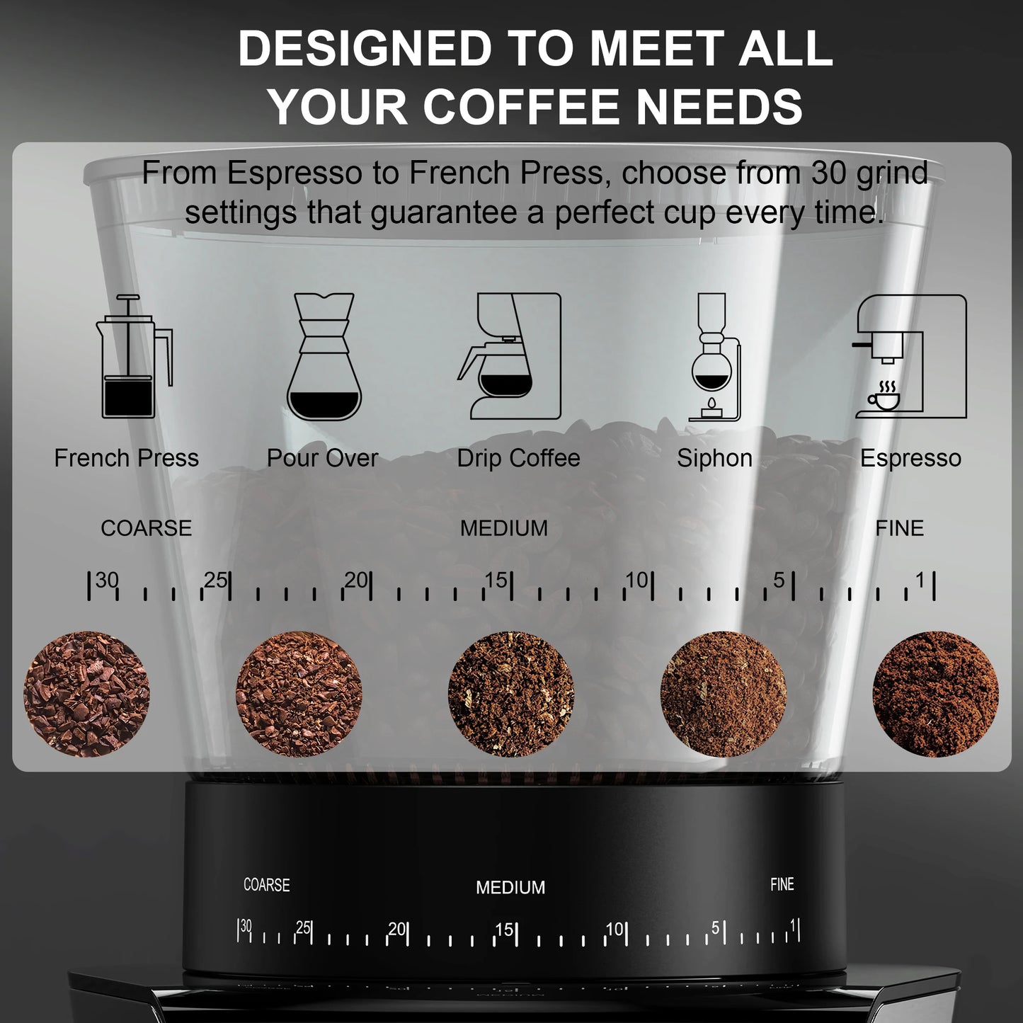 Moulin à café électrique avec 30 réglages de mouture pour Espresso, French Press, Drip et Siphon