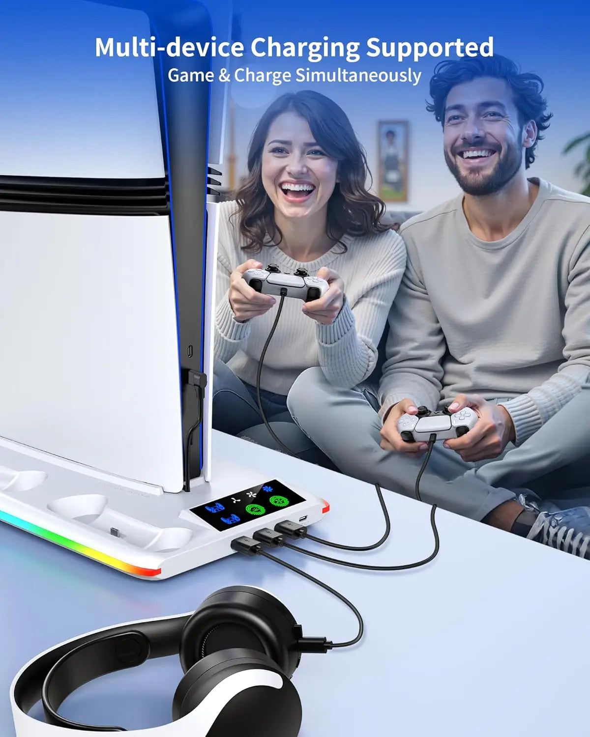 Support de refroidissement pour PS5/Slim/Pro, avec Station de charge de contrôleur LED, ventilateur de refroidissement à 3 vitesses pour accessoires de Console PlayStation 5
