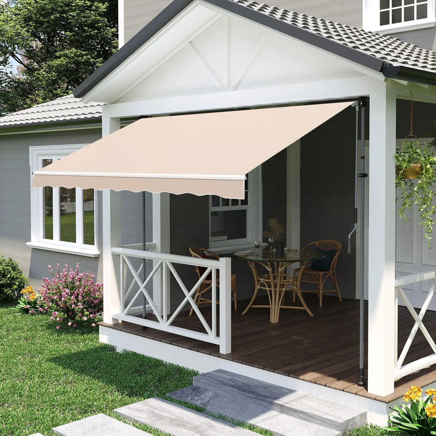 Auvent rétractable beige pour terrasse, protection solaire et pluie, idéal pour patio extérieur et jardin