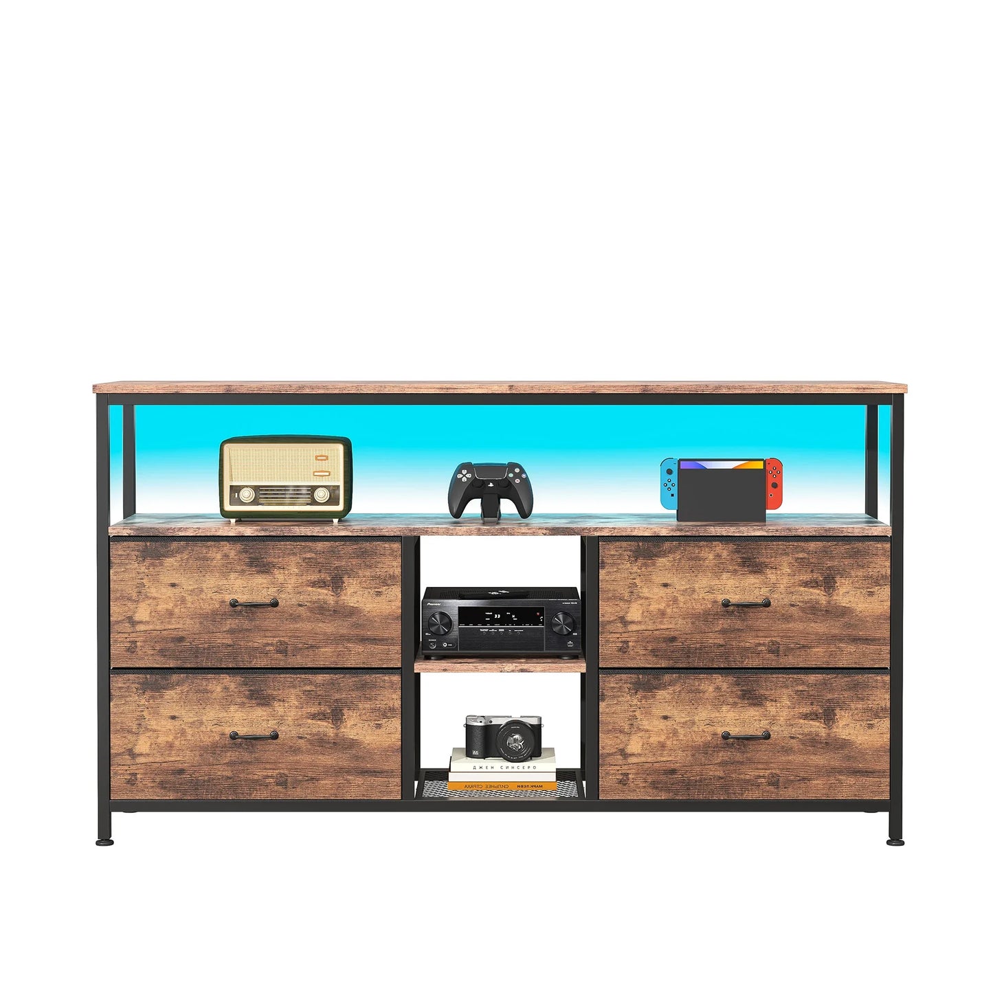 Rosahqnda Meuble TV avec 4 tiroirs, meuble TV, étagères réglables, table TV, meuble TV meuble de salon