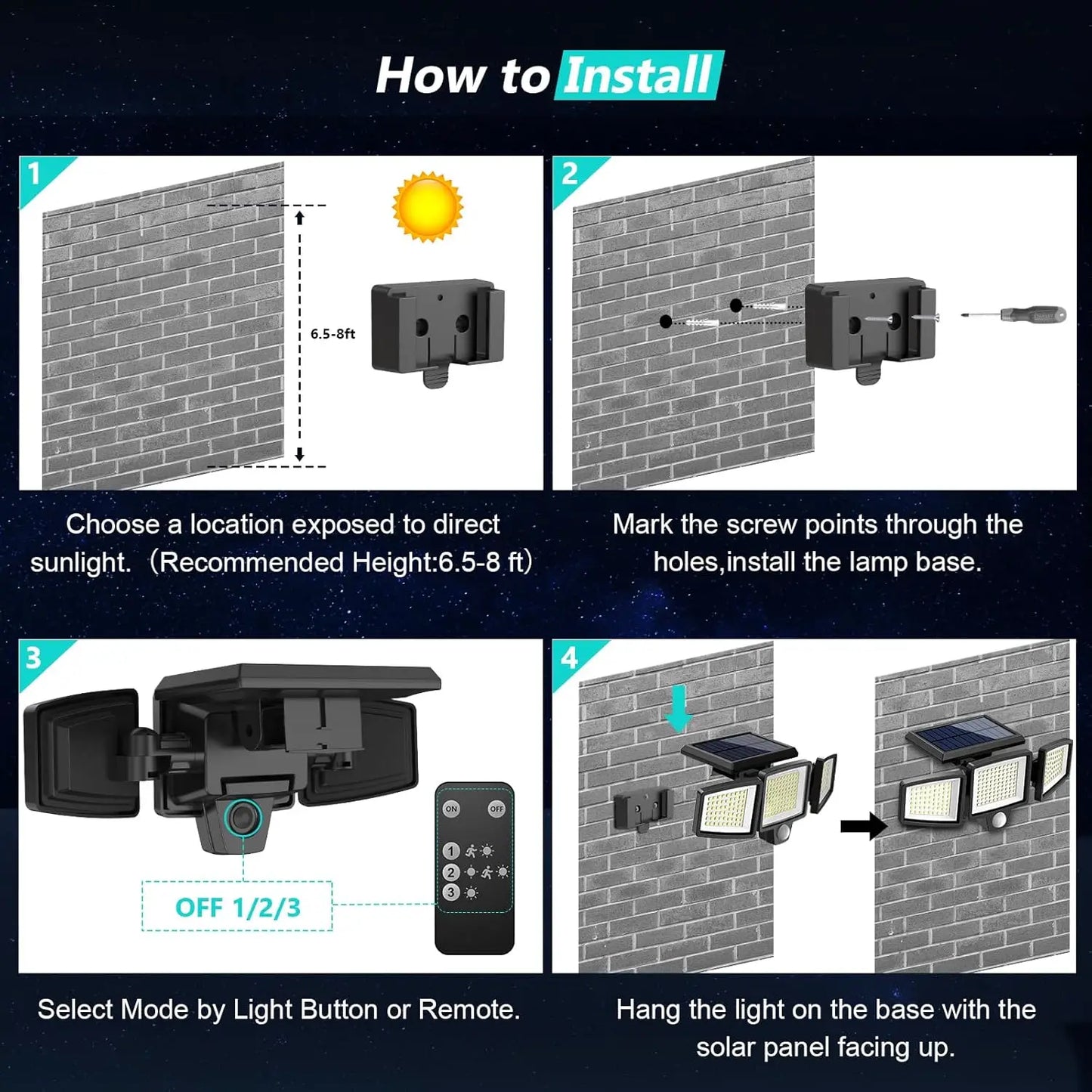 Guide d'installation lampe solaire extérieure avec télécommande et capteur de mouvement