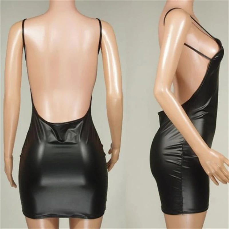 Robe Sexy en Faux cuir, dos nu, robe courte de soirée en boîte de nuit, noir uni, Look mouillé, moulante, soutien-gorge Push Up, Mini Micro robe