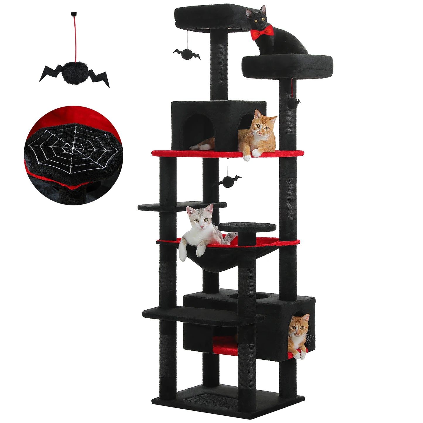 Arbre à chat noir et rouge avec plateformes, cabanes et jouets araignées pour chats, idéal pour intérieur