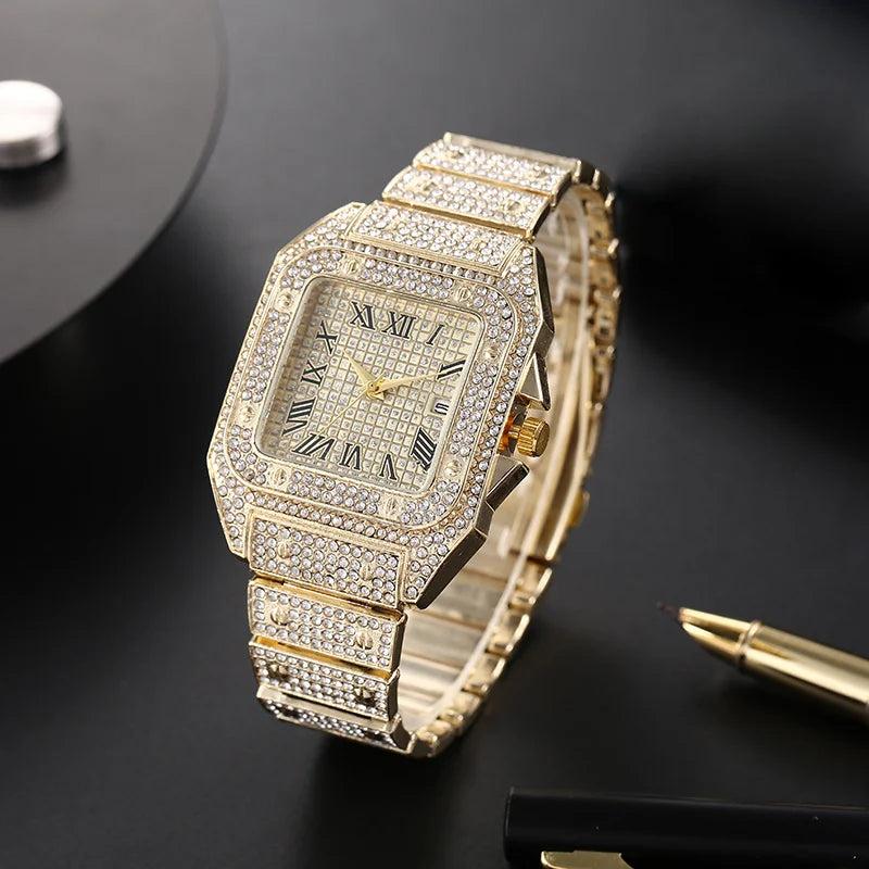 Classique luxe affaires hommes bracelet en acier carré échelle romaine strass montre à Quartz Lesiure homme montre-bracelet Relogio Masculino