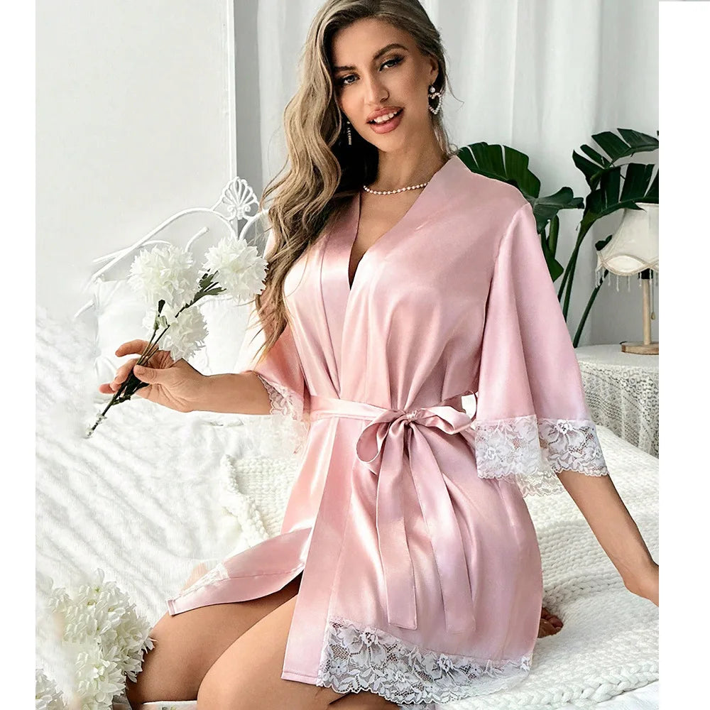 Nouvelle Robe de Nuit Élégante en Satin pour Femme 2025, Kimono Court avec Dentelle, Col en V, Ceinturé, Vêtement de Nuit de Mariée, Cadeau pour Demoiselle d'Honneur