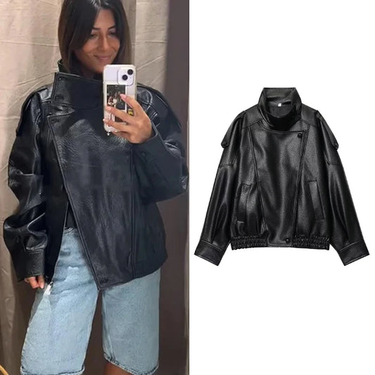 TFMLN – vestes Chic en Faux cuir noir pour femme, manteaux surdimensionnés élastiques à manches longues avec boutons, mode automne hiver 2025