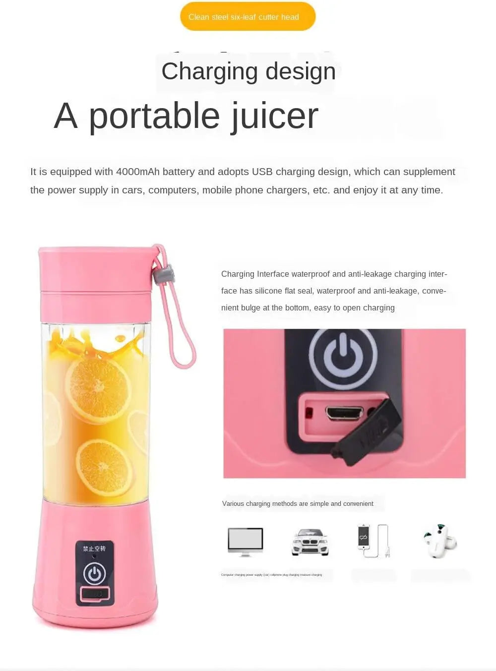 Extracteur de jus portable rose avec batterie 4000mAh, rechargeable USB, coupe-fruits en acier inoxydable