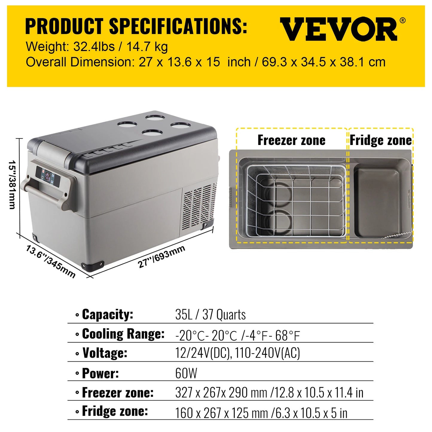 Réfrigérateur portable VEVOR 35L avec zone congélateur et réfrigérant, idéal pour camping ou voiture