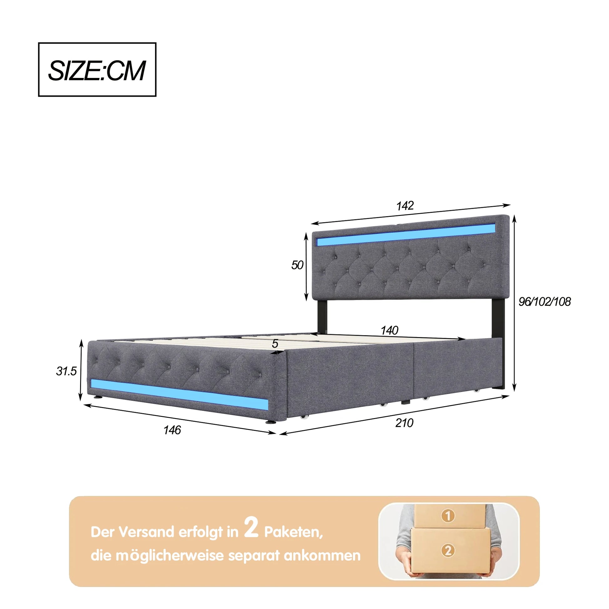 Lit gris avec LED bleue, dimensions détaillées, livraison en 2 colis