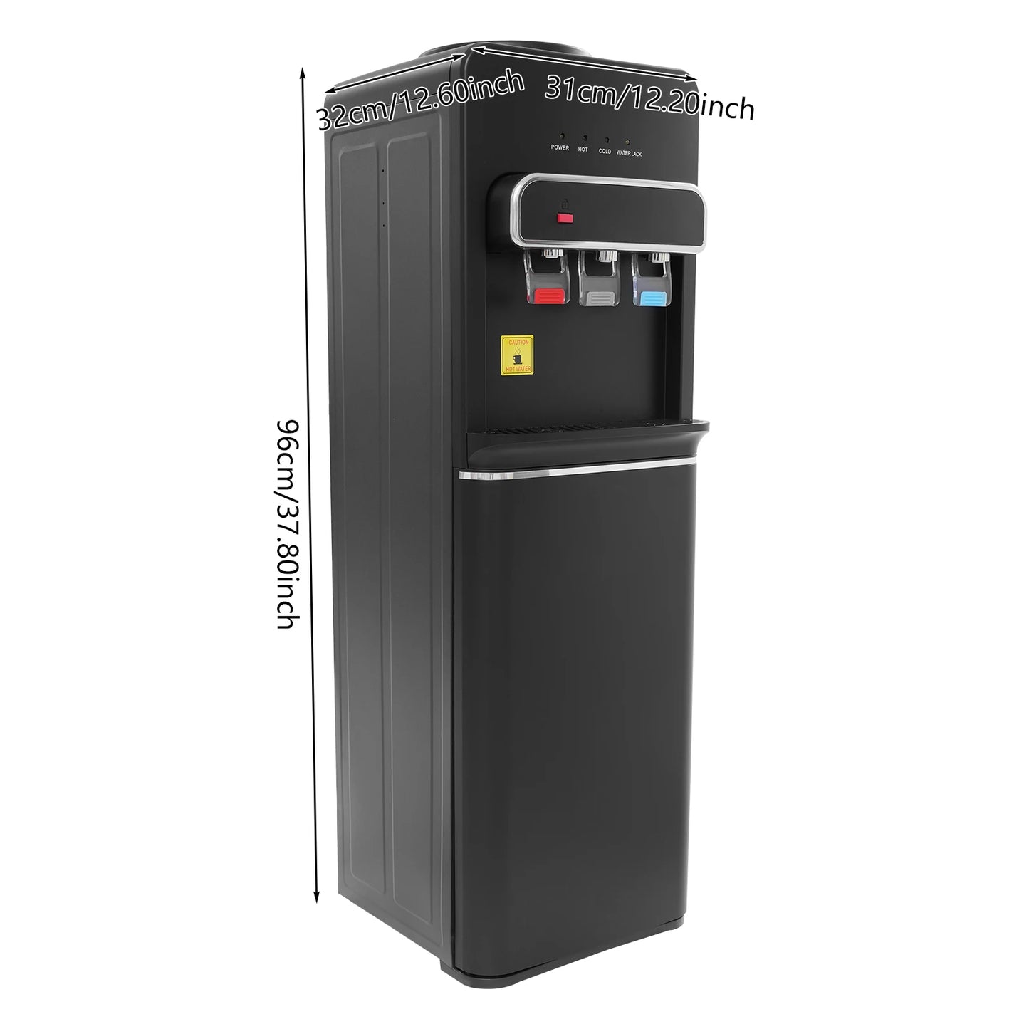 Distributeur d'eau noir avec robinets chaud/froid, dimensions 96 cm, idéal pour bureau ou maison