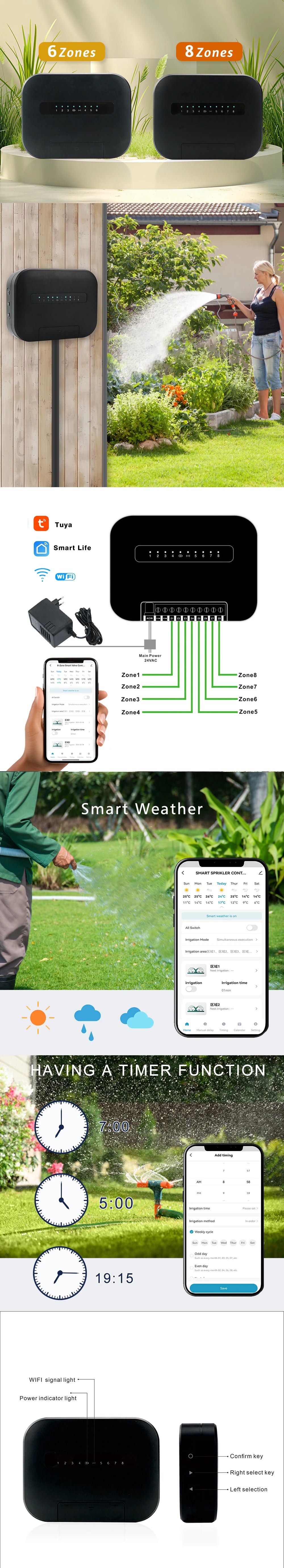 Minuterie d'arrosage de jardin intelligente Tuya, 8 Zones, Wifi, 6 Station, contrôleur d'irrigation goutte à goutte, Valve d'eau, fonctionne avec Smartlife