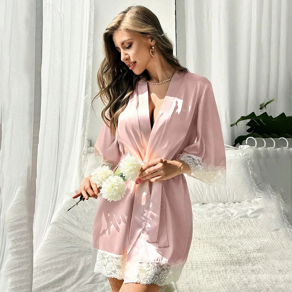 Nouvelle Robe de Nuit Élégante en Satin pour Femme 2025, Kimono Court avec Dentelle, Col en V, Ceinturé, Vêtement de Nuit de Mariée, Cadeau pour Demoiselle d'Honneur