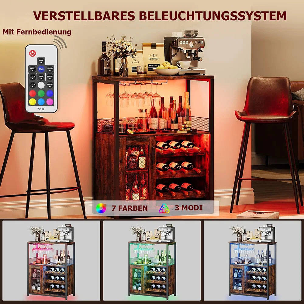 Armoire à vin rétro avec lumières LED 7 couleurs, porte-bouteille réglable et support en verre, stockage de boissons multifonctionnel pour Bar à domicile