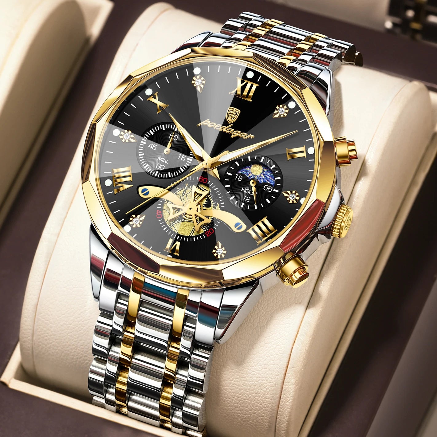 POEDAGAR Montre de luxe pour homme, étanche, chronographe lumineux, montre sport pour homme, acier inoxydable, montre à quartz tendance pour homme, Reloj