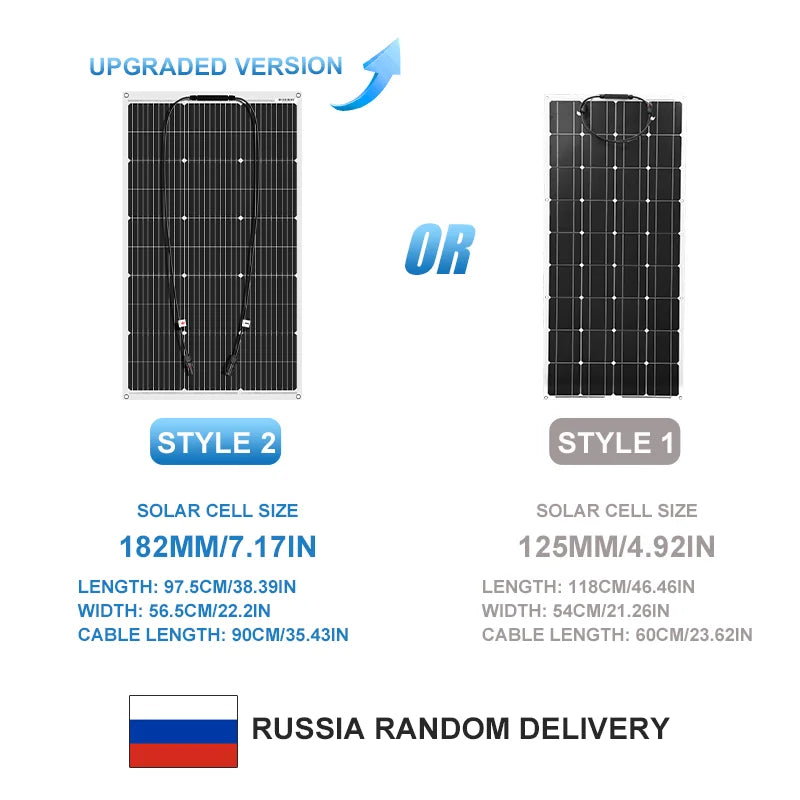 Panneaux solaires flexibles Style 1 et Style 2, versions améliorées, dimensions et câbles détaillés pour usage extérieur