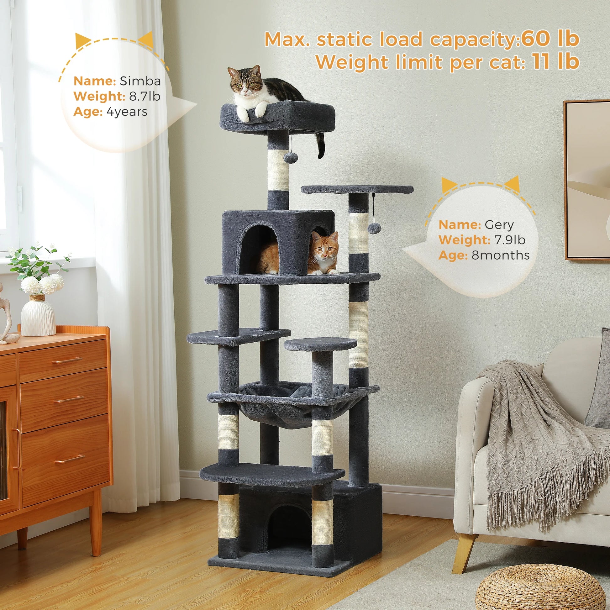 Arbre à chat gris avec plateformes, griffoirs et cabane pour chats, capacité 60 lb, idéal pour intérieur