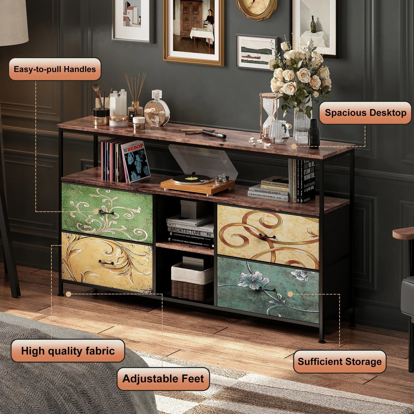 Rosahqnda Meuble TV avec 4 tiroirs, meuble TV, étagères réglables, table TV, meuble TV meuble de salon
