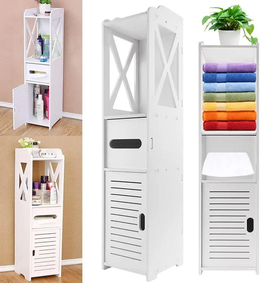 Meuble de salle de bain blanc avec rangement, étagères et porte-serviettes, idéal pour cosmétiques et accessoires