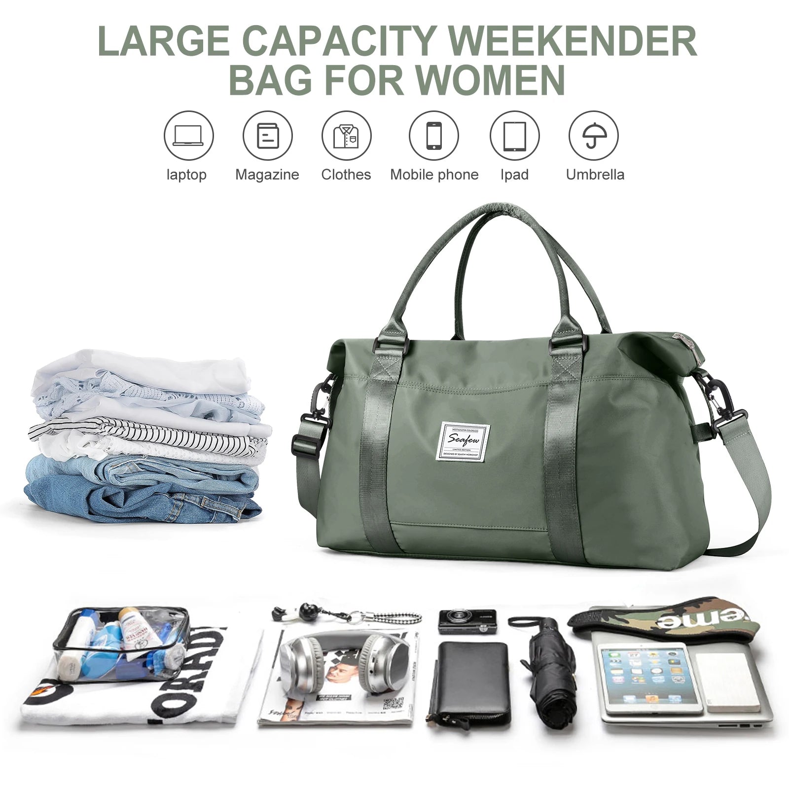 Sac de voyage grande capacité pour femme, idéal week-end avec laptop, vêtements, tablette et accessoires