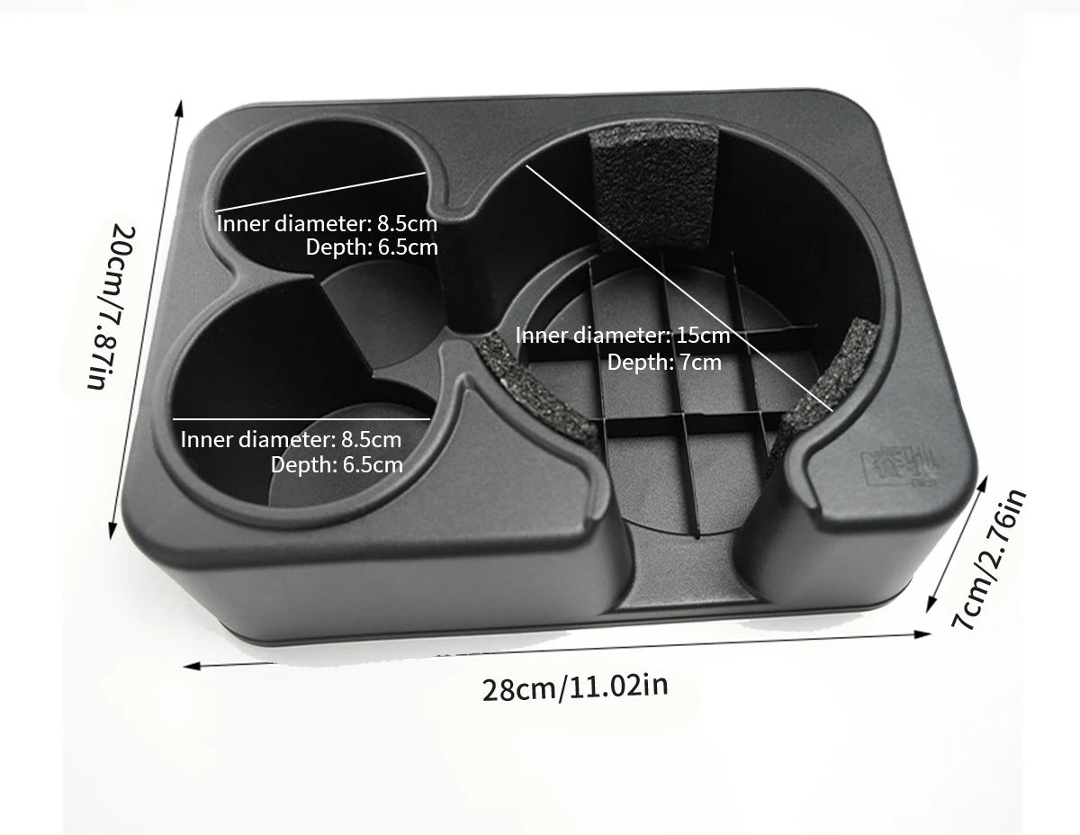 Porte-gobelets voiture noir avec 3 compartiments, dimensions précises, idéal pour boissons et petits objets