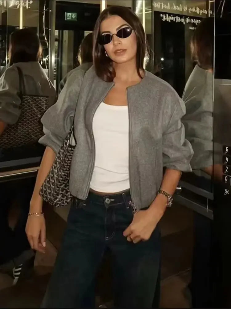 Blouson aviateur rétro à manches longues pour femmes, manteau à col rond, ourlet élastique, fermeture éclair, mode féminine, doux, automne, hiver