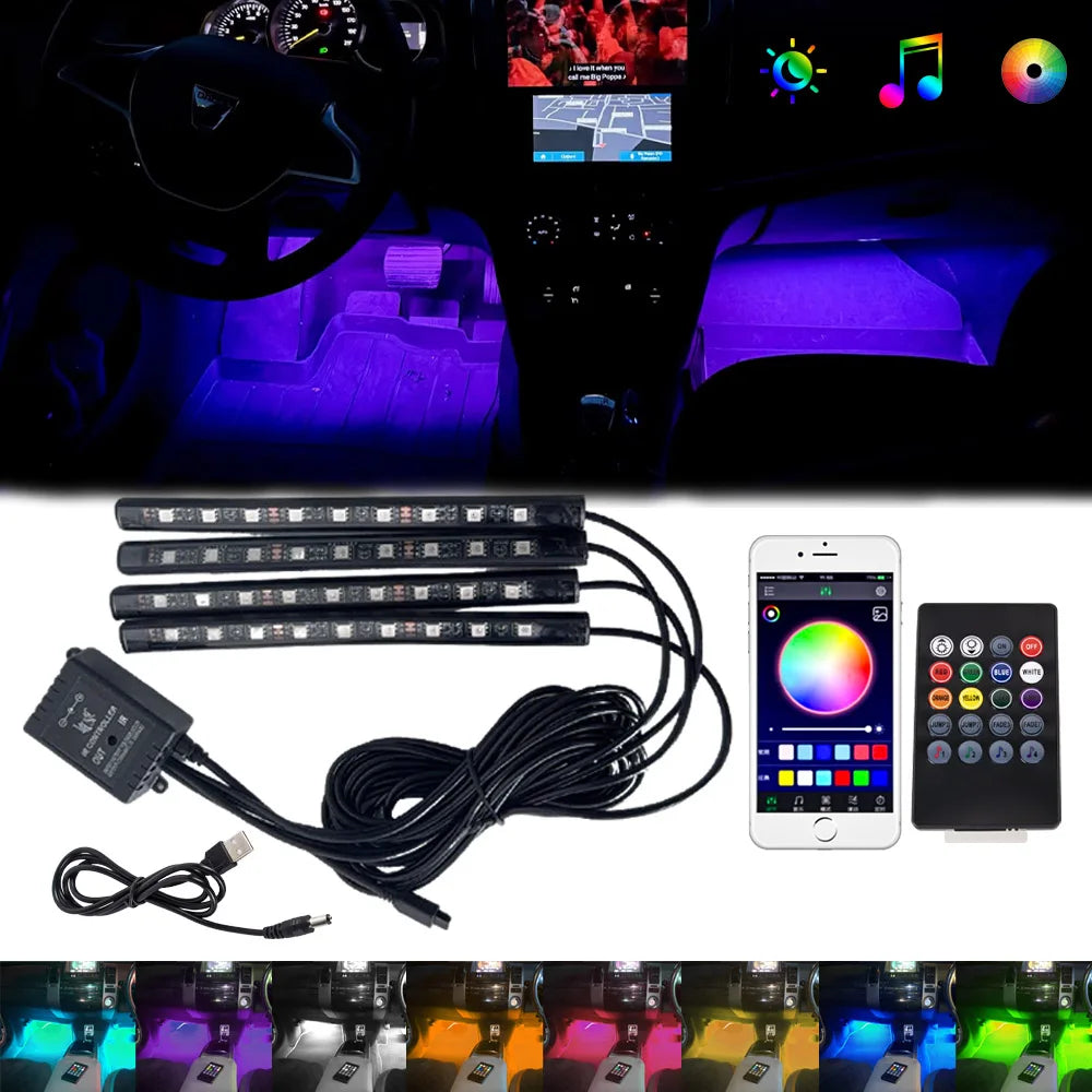 Kit de lumière d'ambiance pour intérieur de voiture, néon 36 48 72 LED, rétro-éclairage, application à distance, contrôle de la musique, lampe décorative d'ambiance RGB automatique