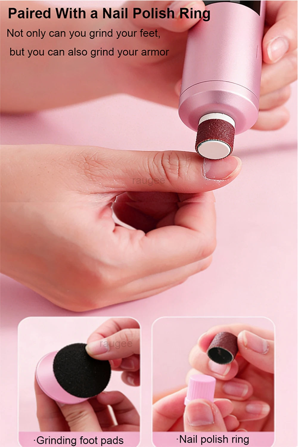 Lime à ongles électrique rose avec anneau vernis et tampons pieds, soin des ongles mains et pieds