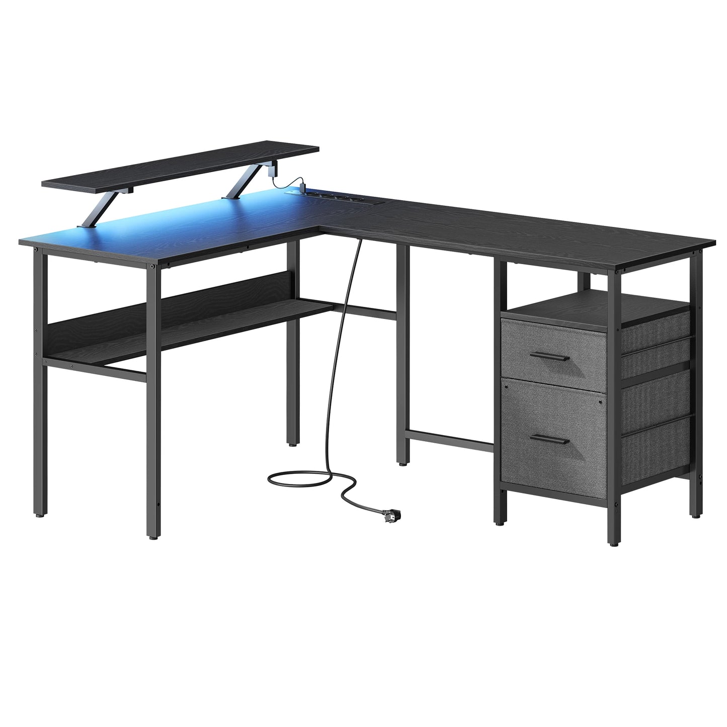 Bureau angle gaming noir avec éclairage LED bleu, tiroirs et support écran, idéal pour setup high-tech