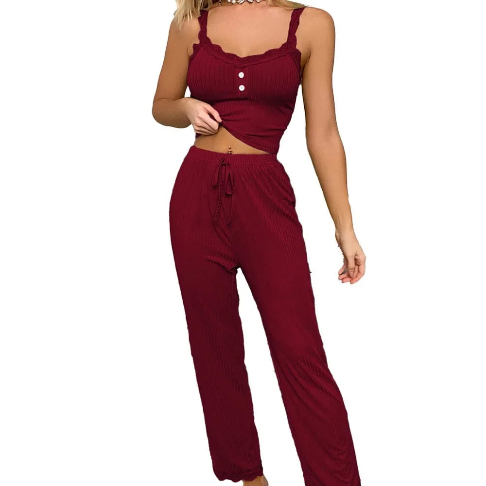 Ensemble pyjama côtelé pour femmes, garniture en dentelle, haut et pantalon à cordon de serrage, vêtements de nuit sexy, doux, vêtements de maison, automne