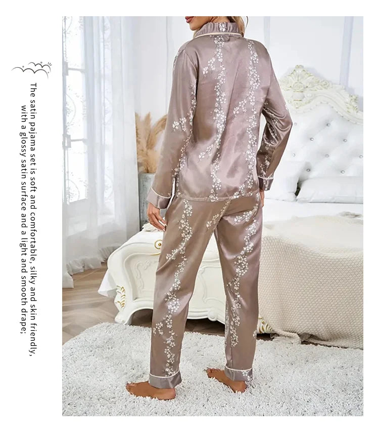 Femmes Satin Pyjama décontracté vêtements de nuit maison vêtements costume automne à manches longues boutonné haut et pantalon vêtements de nuit vêtements de détente Pyjama Femme