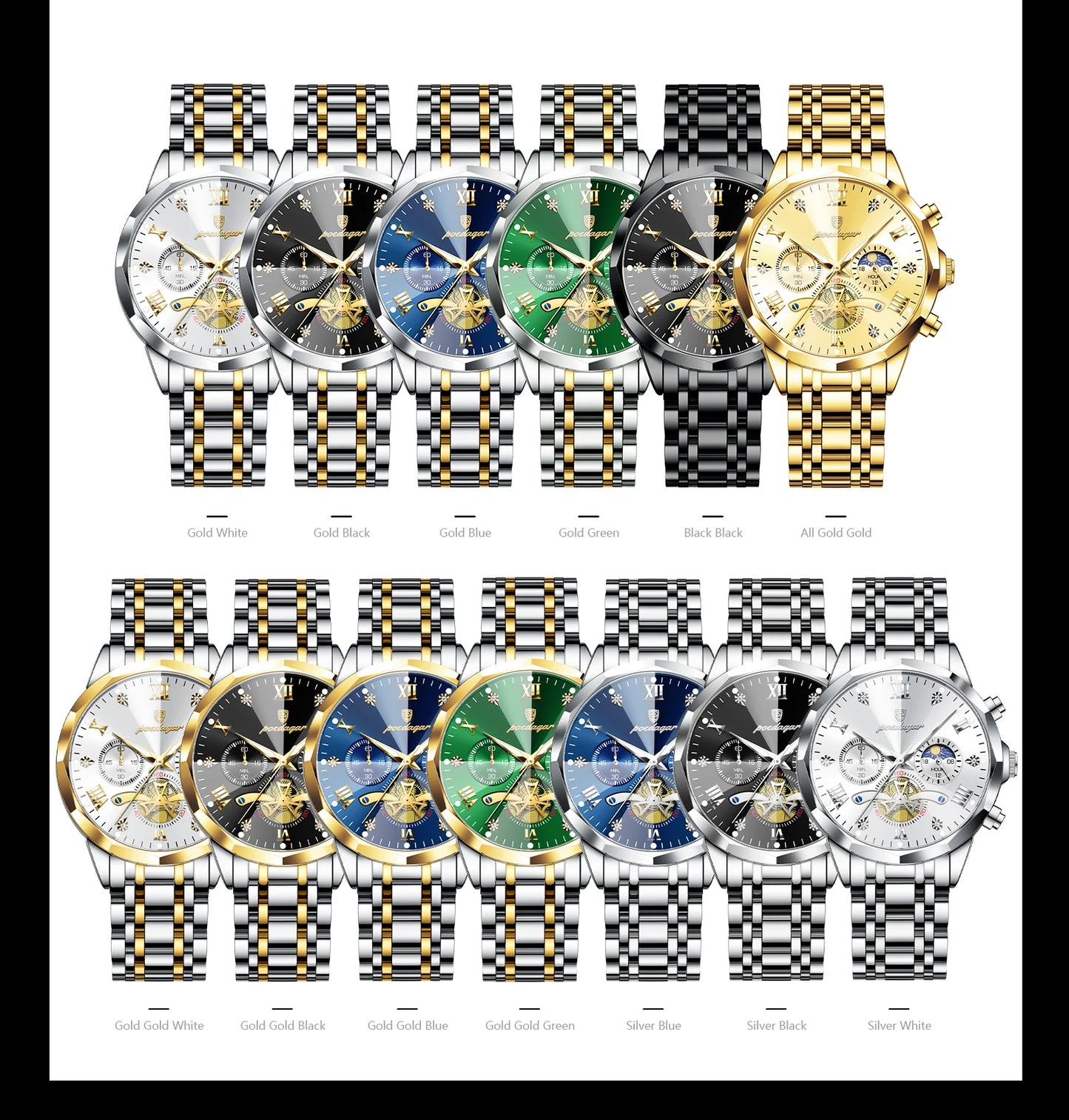 POEDAGAR Montre de luxe pour homme, étanche, chronographe lumineux, montre sport pour homme, acier inoxydable, montre à quartz tendance pour homme, Reloj