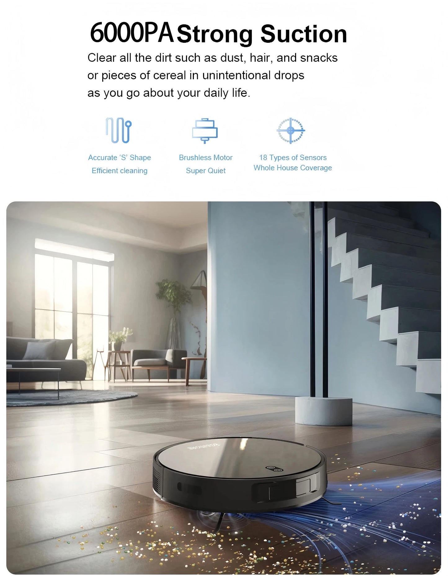 Robot aspirateur combiné serpillière, aspiration robotisée 6000PA, contrôle WiFi/voix, recharge automatique, poils d'animaux pour le nettoyage domestique robotisé