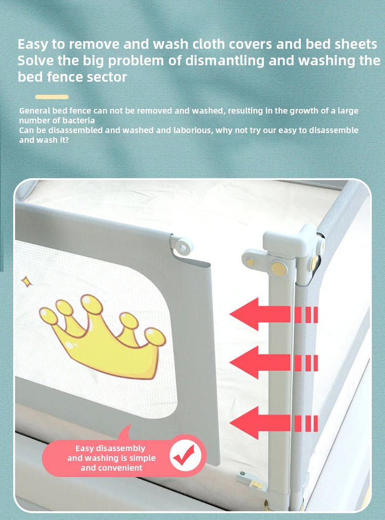 Barrière de lit bébé avec housse lavable et démontage facile, motif couronne jaune