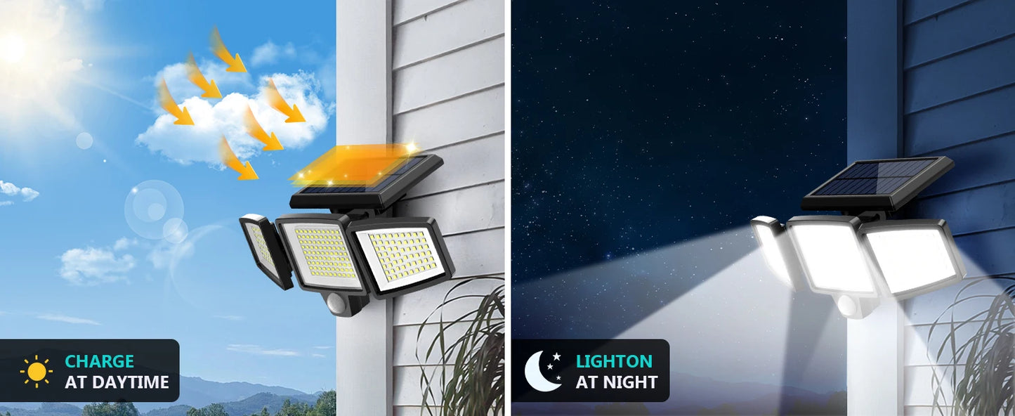Projecteur solaire LED extérieur avec charge jour et éclairage nuit, idéal pour sécurité jardin ou façade maison
