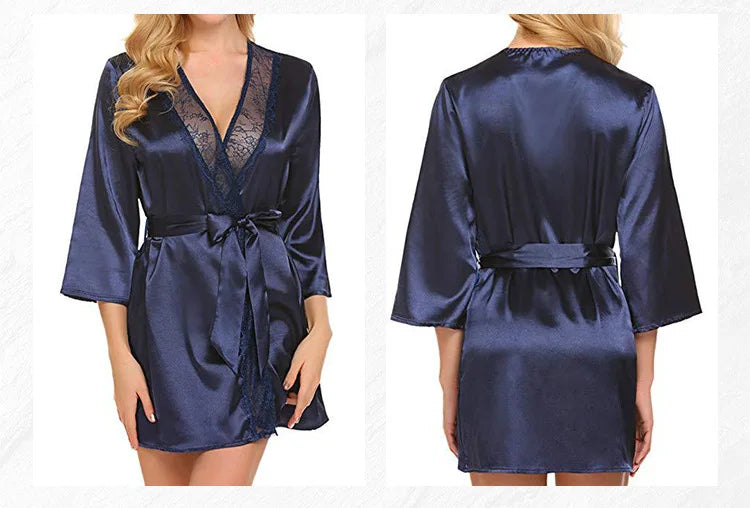 Robe de Nuit Sexy en Satin et Dentelle pour Femme, Chemise Courte, Kimono, Peignoir, Lingerie, Douce, Confortable, Noire, Grande Taille