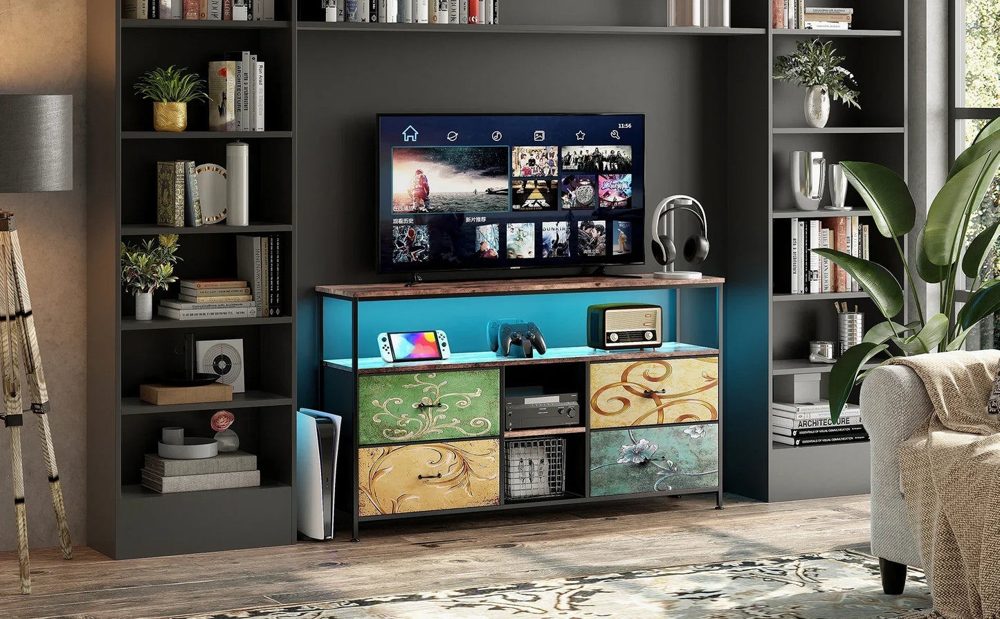 Rosahqnda Meuble TV avec 4 tiroirs, meuble TV, étagères réglables, table TV, meuble TV meuble de salon