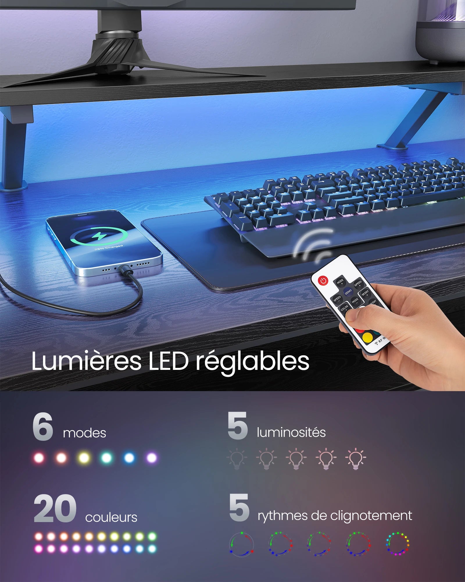 Lumières LED réglables pour bureau gaming, 20 couleurs, 6 modes, télécommande, éclairage ambiant RGB