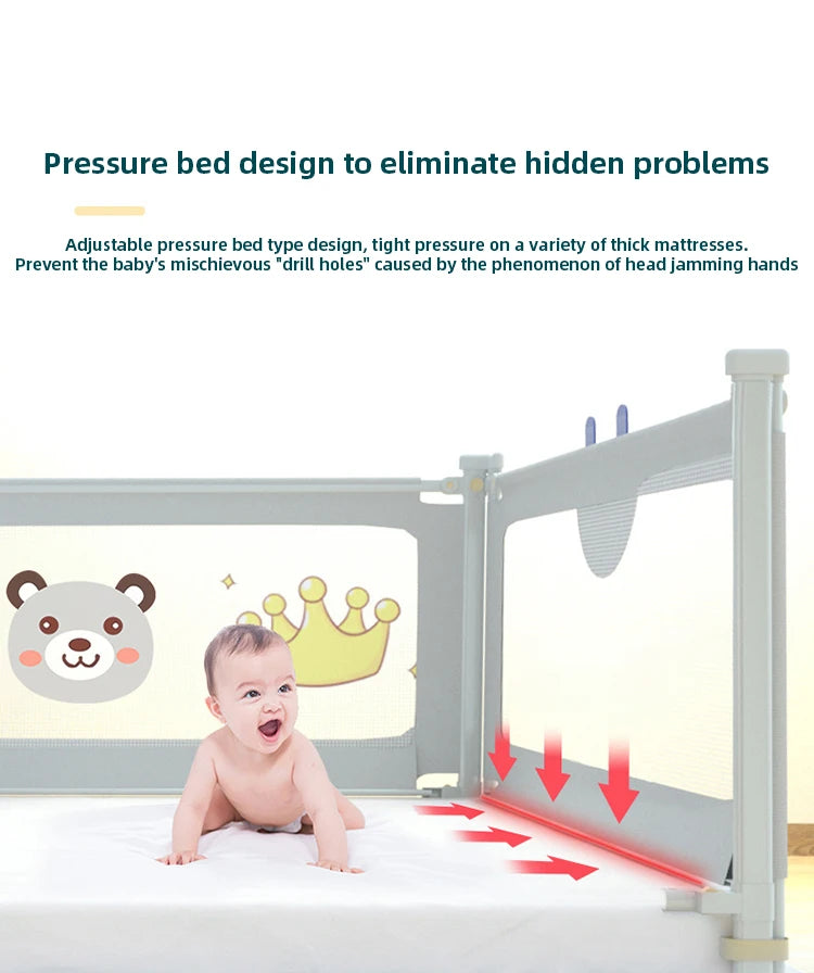 Barrière de lit bébé avec design à pression ajustable, sécurité pour matelas épais, motif ours et couronne