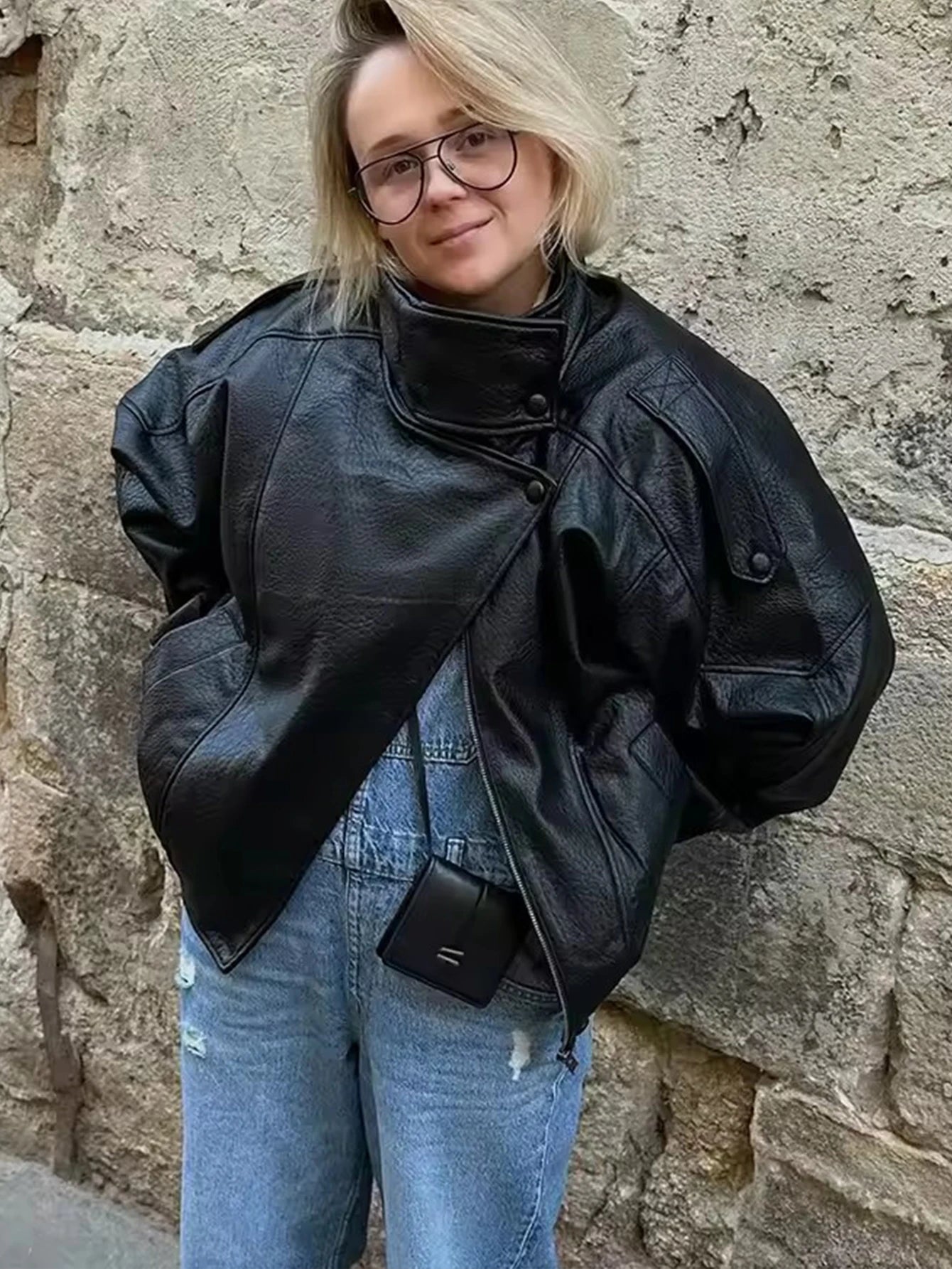 TFMLN – vestes Chic en Faux cuir noir pour femme, manteaux surdimensionnés élastiques à manches longues avec boutons, mode automne hiver 2025