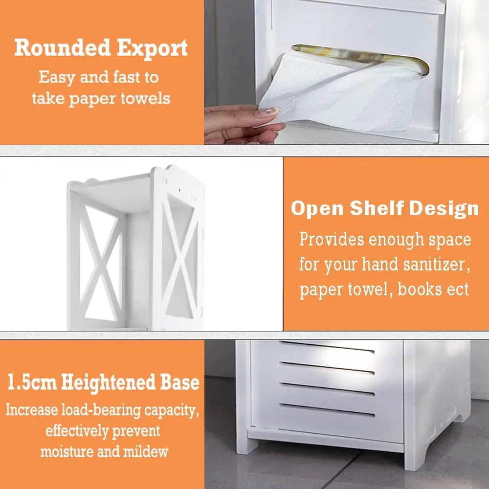 Distributeur de serviettes en papier blanc avec étagère ouverte et base surélevée pour rangement et protection contre l'humidité