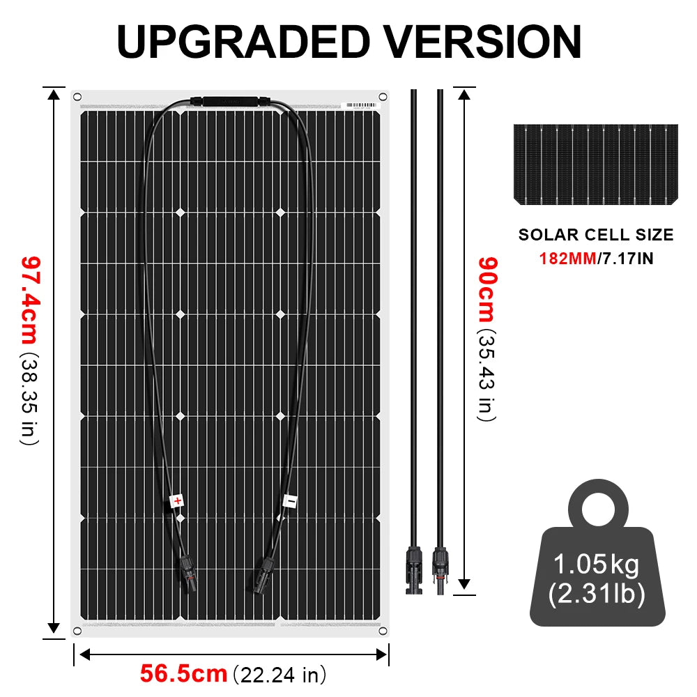 Panneau solaire portable 100W, version améliorée, 97,4 x 56,5 cm, 1,05 kg, cellules 182 mm